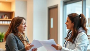 A female patient consulting with a female doctor in a bright, modern clinical office setting, reviewing medical records and discussing medication options, warm and professional atmosphere, photorealistic