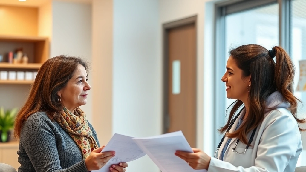 A female patient consulting with a female doctor in a bright, modern clinical office setting, reviewing medical records and discussing medication options, warm and professional atmosphere, photorealistic