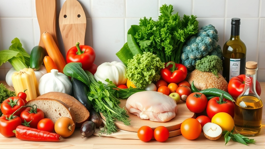 A diverse group of fresh whole foods arranged on a light wooden kitchen counter including colorful vegetables, lean chicken breast, whole grain bread, and olive oil, natural daylight, photorealistic
