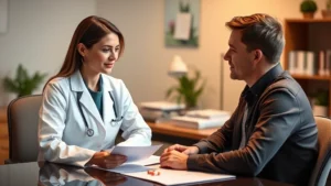 A professional healthcare setting with a female doctor in white coat discussing ADHD medication options with a male patient in his 30s, both seated at a desk with medical charts visible, warm lighting, genuine conversation atmosphere, health-focused environment