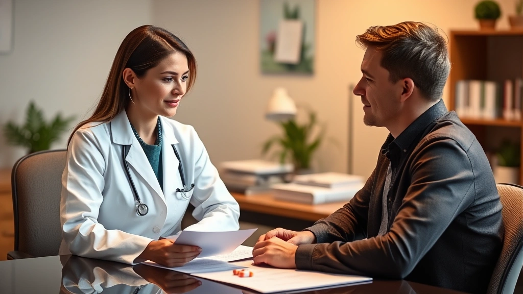 A professional healthcare setting with a female doctor in white coat discussing ADHD medication options with a male patient in his 30s, both seated at a desk with medical charts visible, warm lighting, genuine conversation atmosphere, health-focused environment