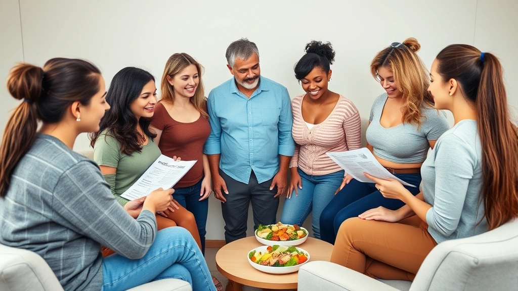 A diverse group of adults in a wellness consultation setting, including a registered dietitian and patients of various body types reviewing nutrition information together, supportive environment, health coaching atmosphere, no meal plans or charts with text visible