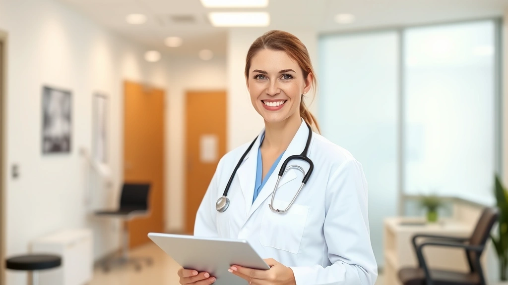 Professional female doctor in white coat smiling while holding clipboard in modern clinic office, warm lighting, confident expression, healthcare setting
