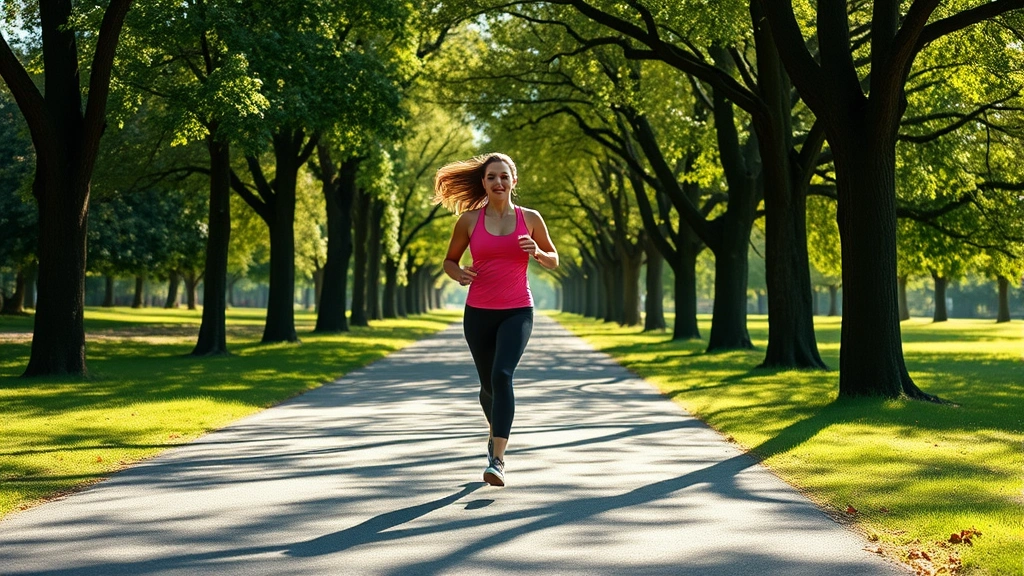 Woman jogging outdoors on sunny morning through tree-lined park path, athletic wear, natural energy and movement, healthy lifestyle, bright daylight