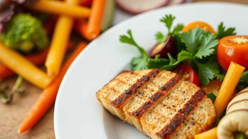 Close-up of colorful fresh vegetables and lean protein on white plate, healthy balanced meal, natural lighting, nutritious food composition