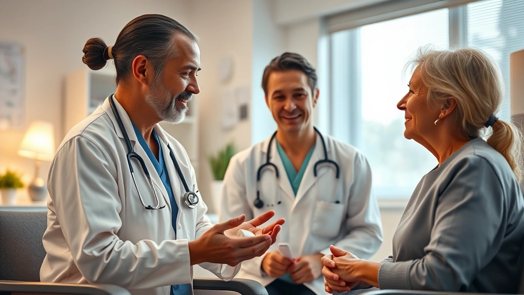 Photorealistic image of a healthcare provider and patient having a supportive consultation in a bright clinical office, discussing medication and health management with warm lighting and professional atmosphere