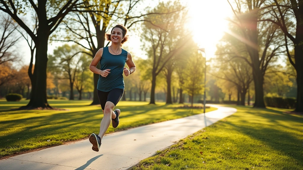 Realistic photo of someone exercising outdoors in morning sunlight, jogging through a park with trees, showing energy and motivation, bright natural lighting and healthy environment