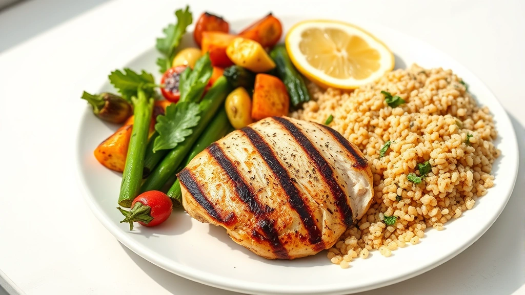 Photorealistic image of a balanced meal plate with grilled chicken breast, colorful roasted vegetables, quinoa, and fresh lemon, arranged on a white plate with natural daylight, no text or labels visible