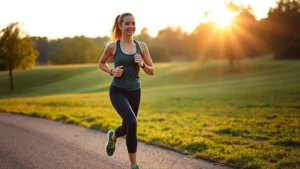 A woman jogging outdoors in a park during sunrise, wearing athletic clothes, looking energized and healthy, with natural green landscape background, warm morning light