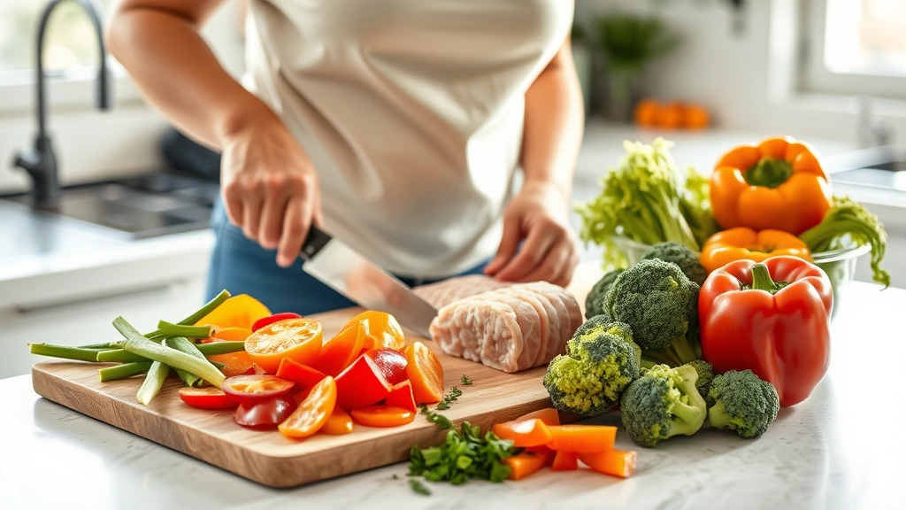 A person preparing fresh vegetables and lean protein on a kitchen counter, chopping colorful bell peppers and broccoli, natural daylight streaming through window, wholesome meal prep scene