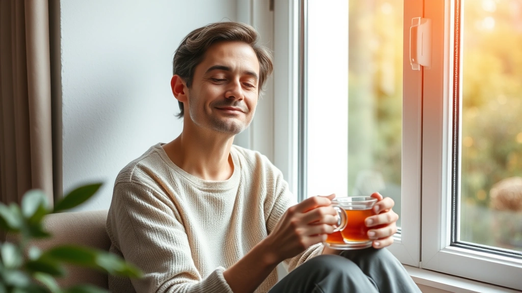 A person sitting peacefully by a window with a cup of herbal tea, relaxed expression, soft natural lighting, representing improved mental health and wellness during treatment
