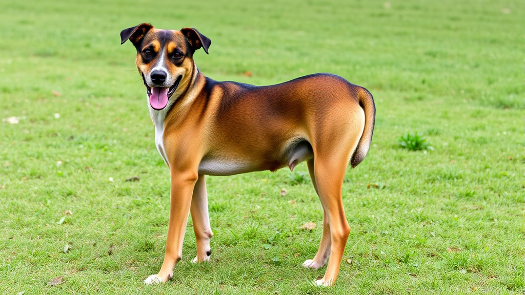 A healthy adult dog of medium size standing in a grassy outdoor area, displaying ideal body condition with visible waist definition and rib visibility, alert and happy expression, natural lighting