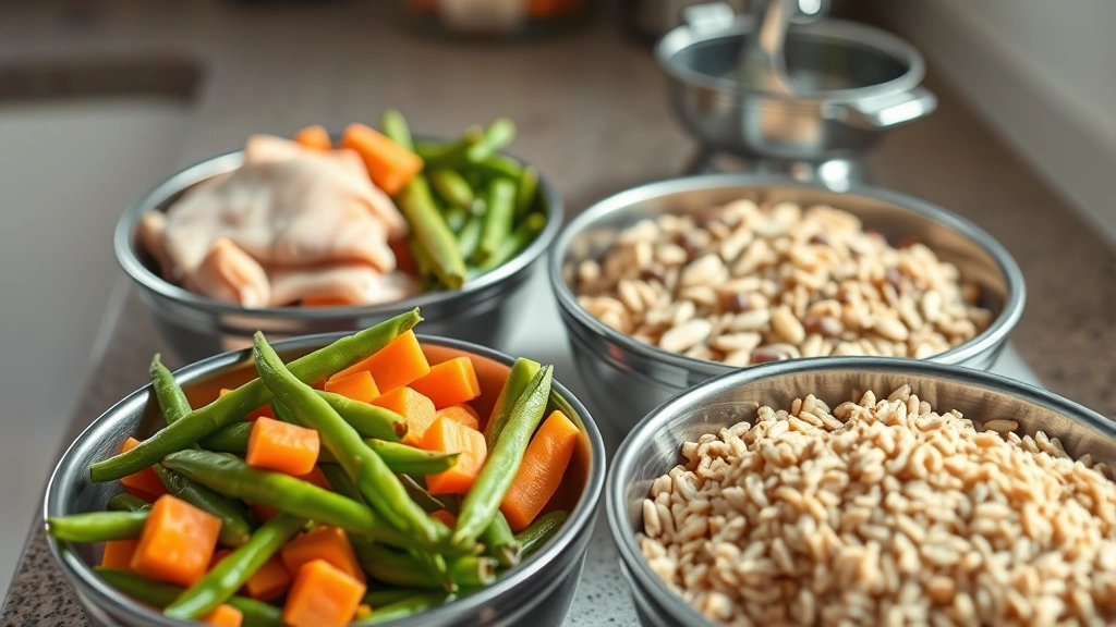 Close-up of fresh whole foods for dogs including lean chicken breast, fresh green beans, carrots, and brown rice in separate bowls on a kitchen counter, natural daylight illumination