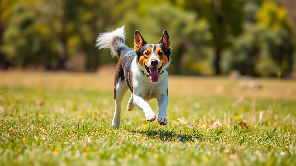An active dog playing fetch or running through a grassy field with a toy, showcasing movement and exercise, bright outdoor setting with clear sky, demonstrating physical activity and joy
