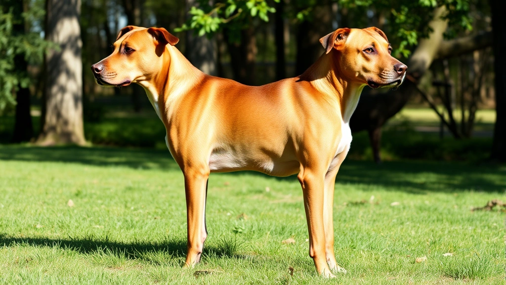 Healthy adult dog of medium size standing outdoors in natural daylight, displaying lean muscle definition and ideal body condition, with visible waist and rib definition, surrounded by grass and trees