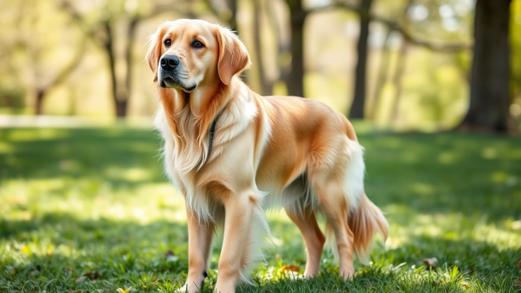 A healthy adult golden retriever with ideal body condition standing outdoors in natural sunlight, showing clear waist definition and visible ribs, surrounded by green grass and trees, professional pet photography style