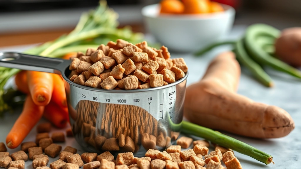 Close-up of premium dry dog kibble in a stainless steel measuring cup on a kitchen counter next to fresh vegetables like carrots, green beans, and sweet potato, natural lighting, wellness-focused composition