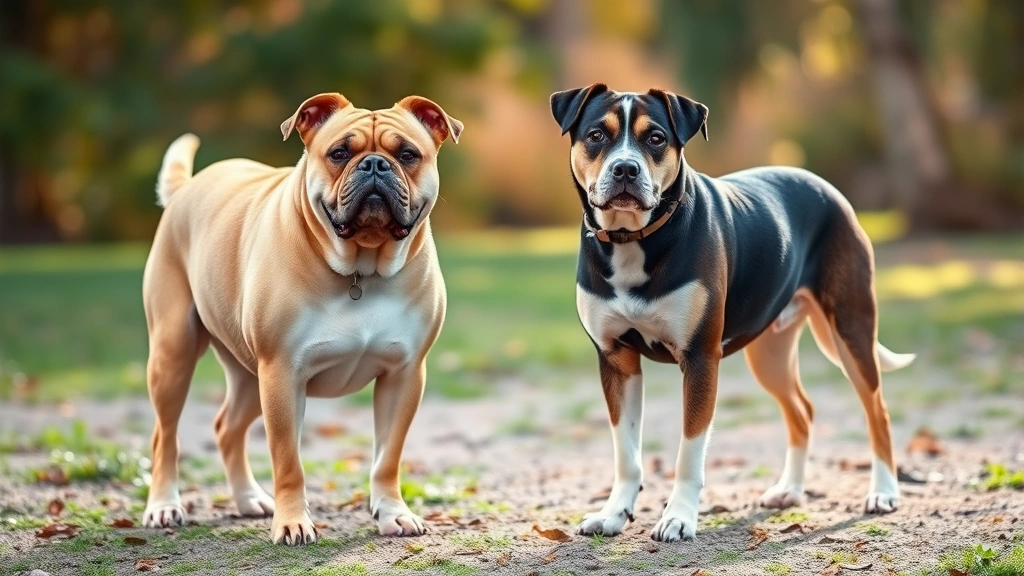 An overweight and a healthy-weight dog of the same breed standing side by side for comparison, showing body condition differences, outdoor natural setting with soft sunlight, educational but compassionate presentation