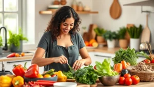Woman preparing colorful fresh vegetables and whole foods in bright kitchen with natural window light, smiling and engaged in meal preparation