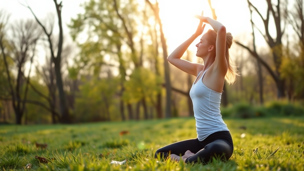 Person doing gentle yoga or stretching outdoors in peaceful natural setting with trees and morning light, showing calm and wellness practice