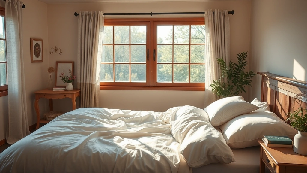 Peaceful bedroom with soft natural lighting, comfortable bedding, and serene environment suggesting quality sleep and rest for health