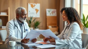Professional healthcare consultation setting with diverse patient and doctor discussing weight management plan at desk with wellness materials, warm lighting, supportive atmosphere