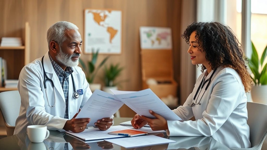 Professional healthcare consultation setting with diverse patient and doctor discussing weight management plan at desk with wellness materials, warm lighting, supportive atmosphere