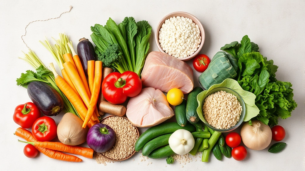 Colorful variety of fresh vegetables, lean proteins, and whole grains arranged on neutral background, emphasizing nutritious whole foods for healthy eating