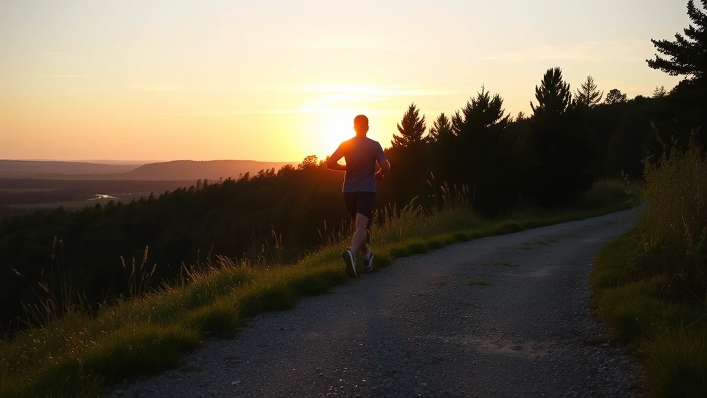 Person jogging outdoors on scenic path at sunrise with natural landscape, showing active lifestyle and cardiovascular exercise in peaceful environment