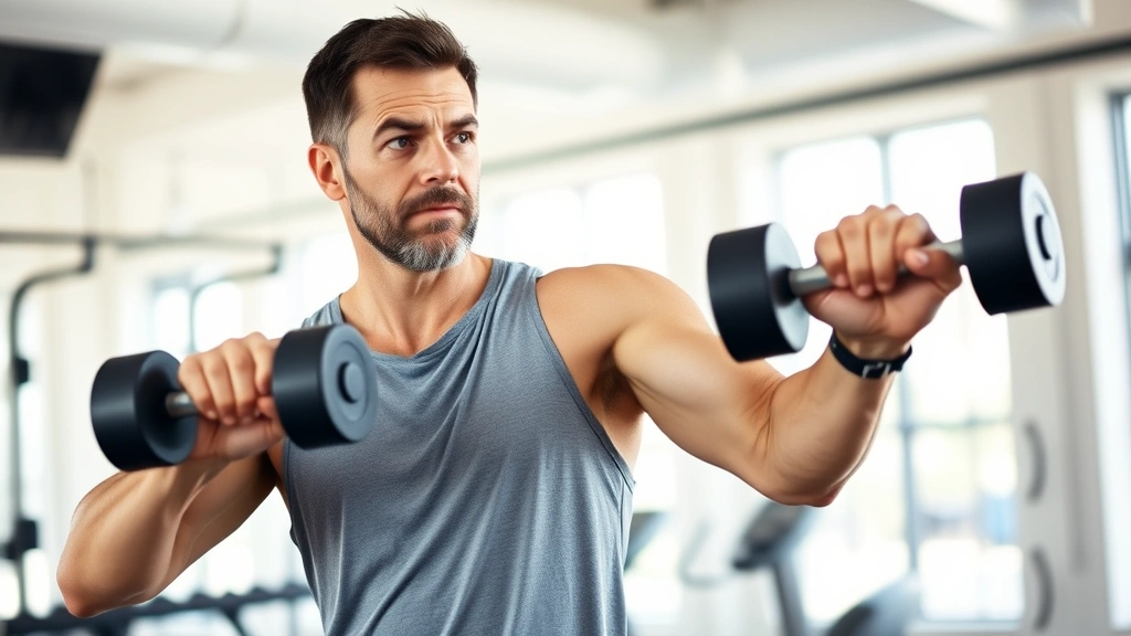 Middle-aged man in athletic wear doing resistance training with dumbbells in a bright, modern gym with natural lighting, focused expression, healthy physique