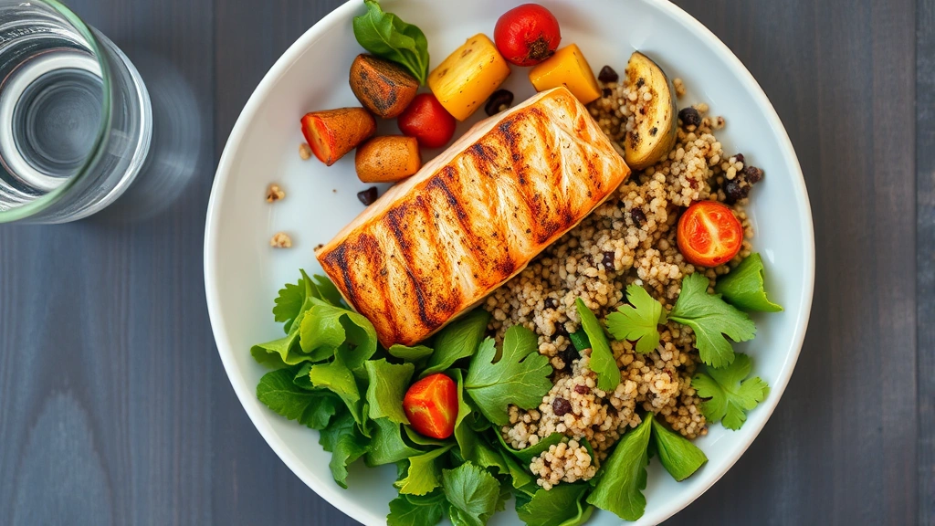 Overhead view of a colorful plate with grilled salmon, roasted vegetables, quinoa, and fresh green salad on white ceramic plate with water glass nearby