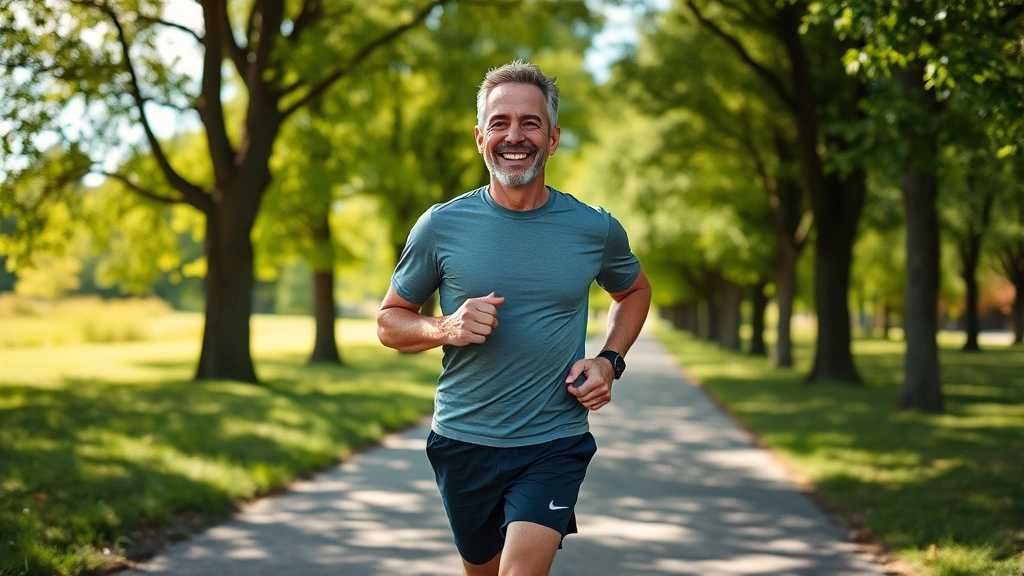 Mature man jogging outdoors on a sunny morning through a park path with green trees, wearing comfortable athletic clothing, natural smile, energetic posture