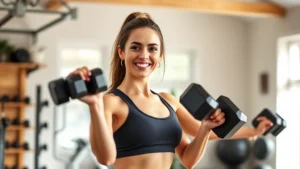 Woman doing strength training with dumbbells in bright home gym, smiling with confidence, athletic wear, natural daylight