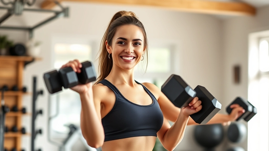Woman doing strength training with dumbbells in bright home gym, smiling with confidence, athletic wear, natural daylight