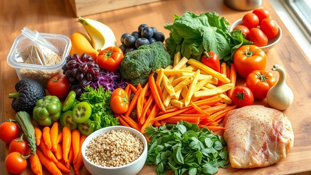 Colorful fresh vegetables, fruits, whole grains, and lean protein on wooden table, Mediterranean-style meal prep, warm natural lighting