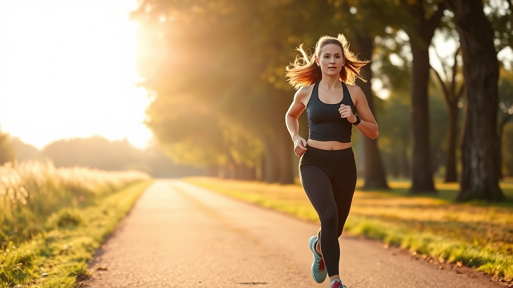 Woman jogging outdoors on tree-lined path, morning sunlight, athletic wear, energetic expression, peaceful natural background