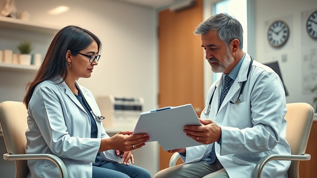 Photorealistic image of healthcare professional in white coat reviewing documents with patient in clinical office setting, warm professional lighting, trust and medical guidance atmosphere, no charts or text visible