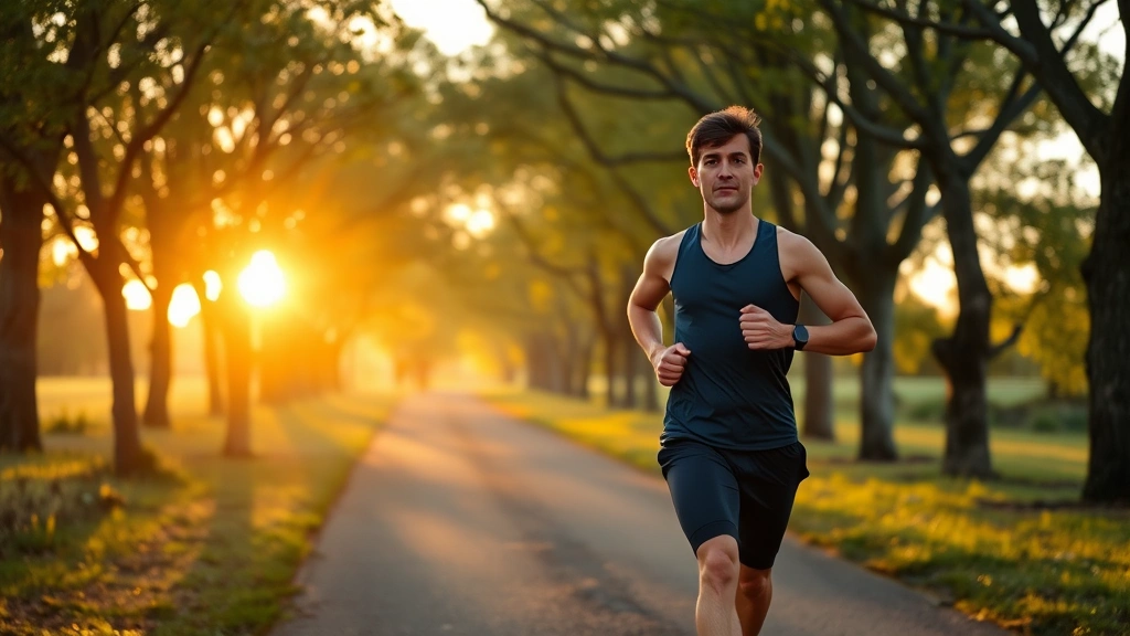 Photorealistic image of fit person jogging outdoors on tree-lined path during golden hour, athletic wear, peaceful natural environment, wellness and sustainable healthy lifestyle, no performance metrics or text visible