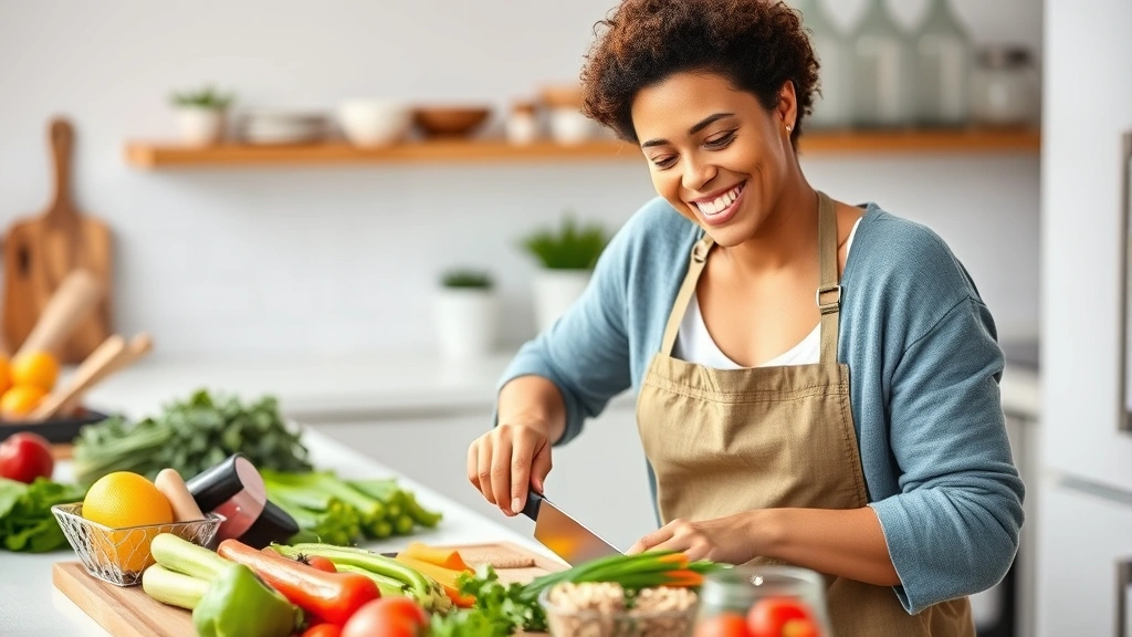 Person preparing healthy meal with colorful vegetables, lean protein, and whole grains in a bright kitchen, smiling while chopping fresh vegetables near a wooden cutting board