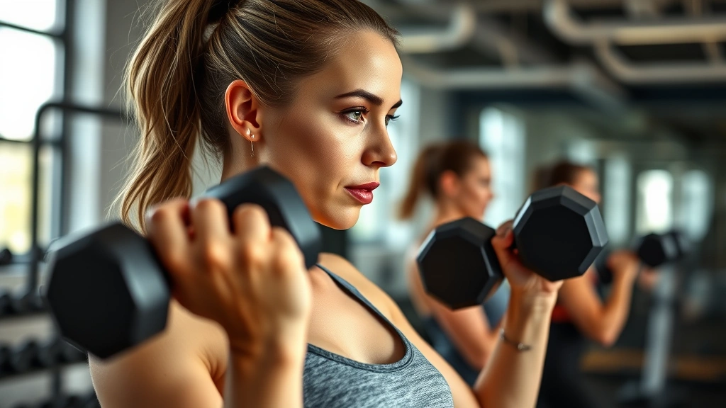 Woman doing resistance training with dumbbells in a gym, focused expression, performing a strength exercise with proper form in natural lighting