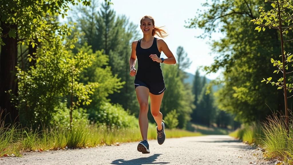 Person jogging outdoors on a sunny path through nature, athletic wear, energetic movement, surrounded by green trees and natural scenery