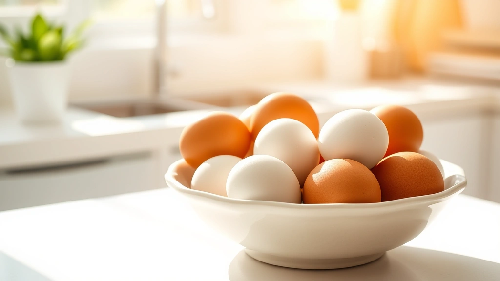 Fresh brown and white eggs in a ceramic bowl on a white kitchen counter, natural morning sunlight streaming across, warm and inviting composition, photorealistic food photography