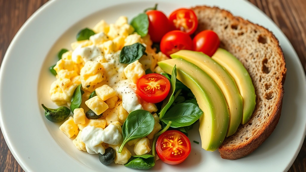 Colorful plate with scrambled eggs, fresh spinach, sliced avocado, cherry tomatoes and whole grain toast, professional food styling, natural lighting, appetizing presentation