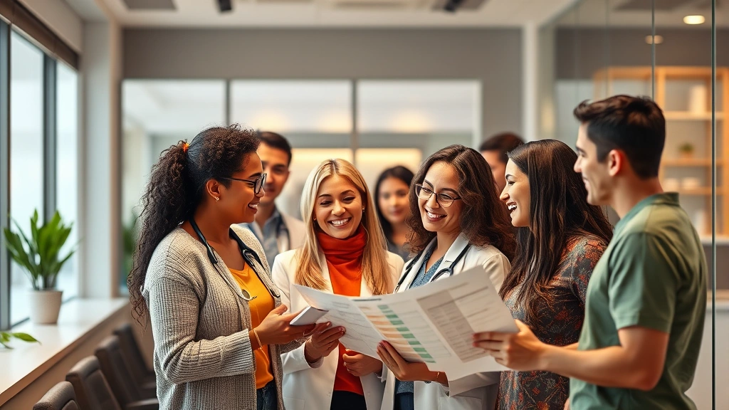 A diverse group of people in a modern medical office setting with a friendly healthcare provider discussing a nutrition plan, warm lighting, professional yet welcoming atmosphere