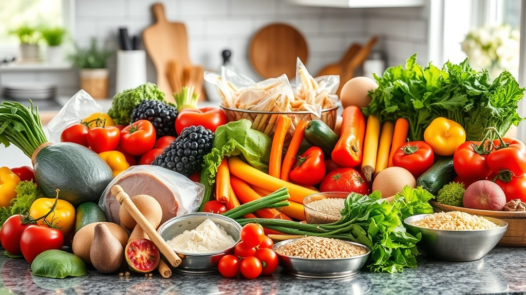 A vibrant display of whole foods including colorful vegetables, lean proteins, whole grains, and healthy fats arranged on a kitchen counter with natural sunlight, appetizing and fresh