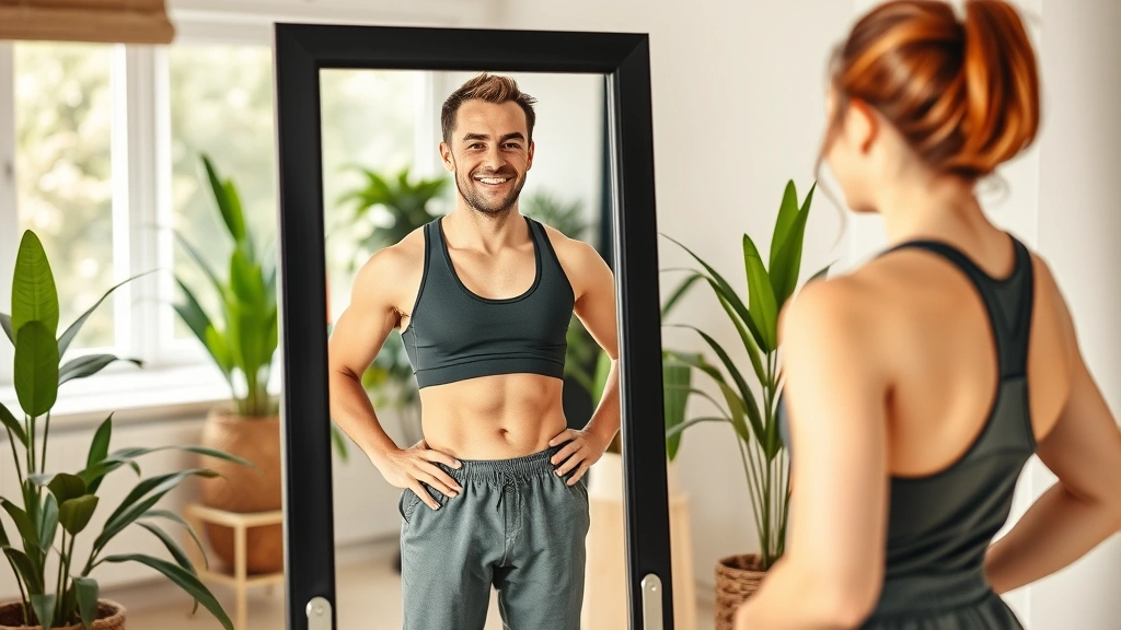 A person confidently checking their progress in a mirror, wearing comfortable workout clothes, bright and positive mood, natural home setting with plants and warm lighting