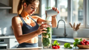 A fit woman in athletic wear preparing a high-protein smoothie in a modern kitchen, pouring protein powder into a blender with fresh spinach and berries visible, natural sunlight streaming through windows, healthy lifestyle atmosphere