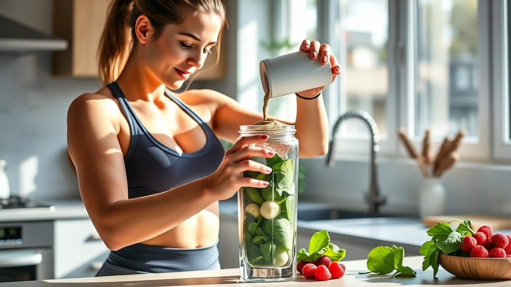 A fit woman in athletic wear preparing a high-protein smoothie in a modern kitchen, pouring protein powder into a blender with fresh spinach and berries visible, natural sunlight streaming through windows, healthy lifestyle atmosphere