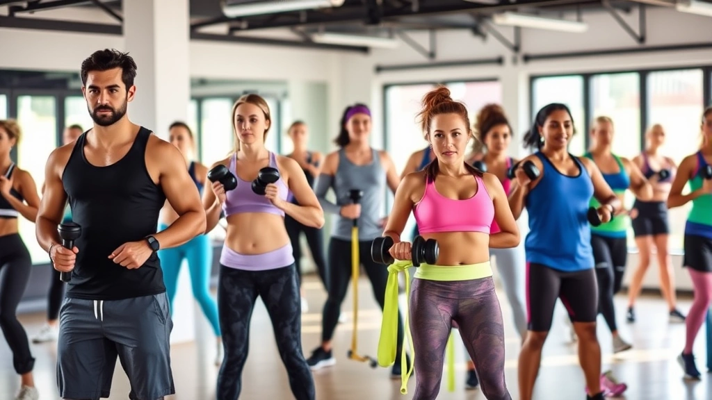 A diverse group of people exercising together in a bright gym setting, performing strength training with dumbbells and resistance bands, motivated and energetic, showing variety of body types and fitness levels
