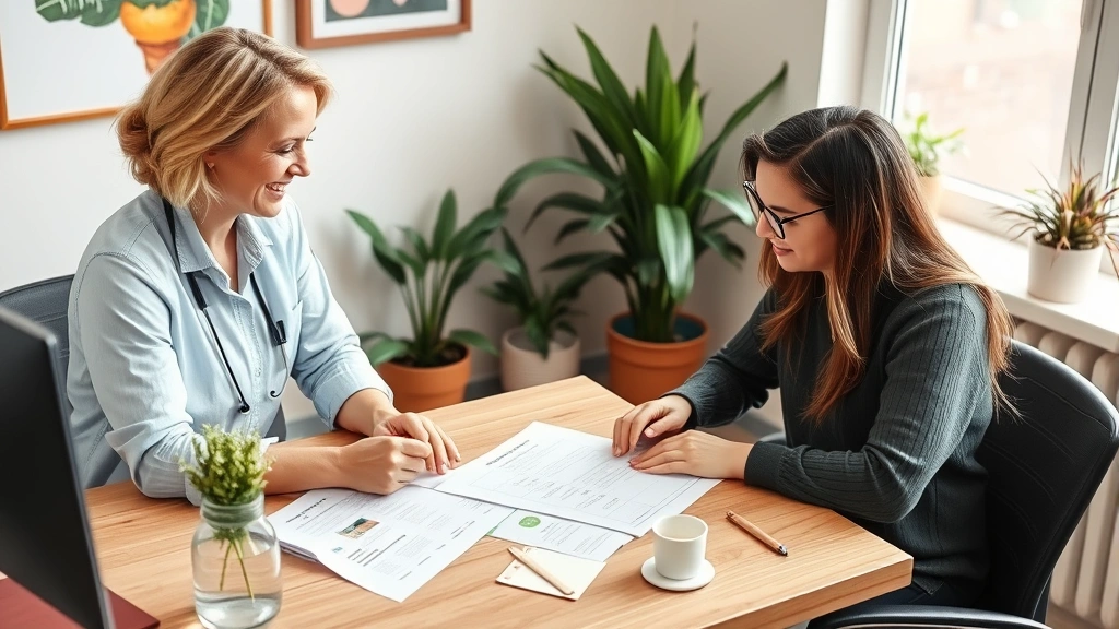 A nutritionist or health professional consulting with a smiling client in a wellness office, reviewing nutrition plan papers on desk, warm supportive environment with fresh plants and natural light visible